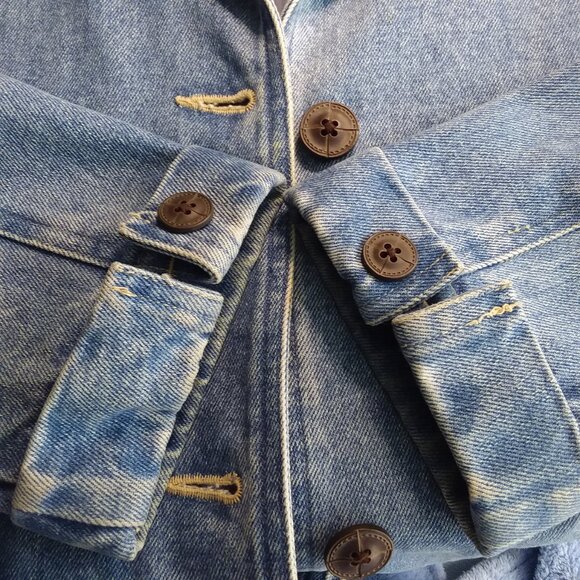Denim & Co Long Blue Denim Jacket Chore Barn Duster Size Medium Button Front - Picture 13 of 14